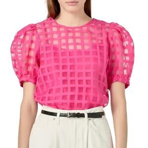 NWT English Factory Sheer Windowpane Puff Sleeve Top Pink Size L